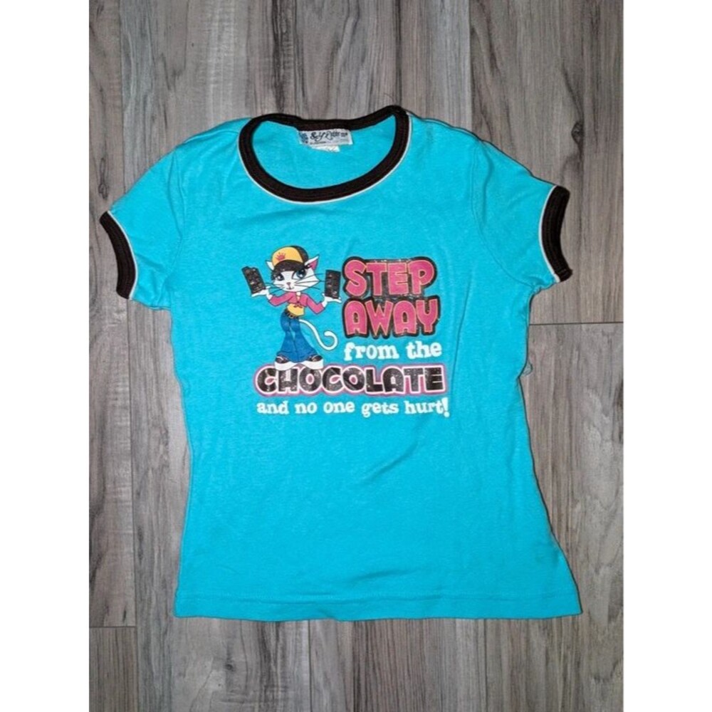 Vintage Y2K Self Esteem Girls S Blue Cat Chocolate Glitter Ringer T Shirt